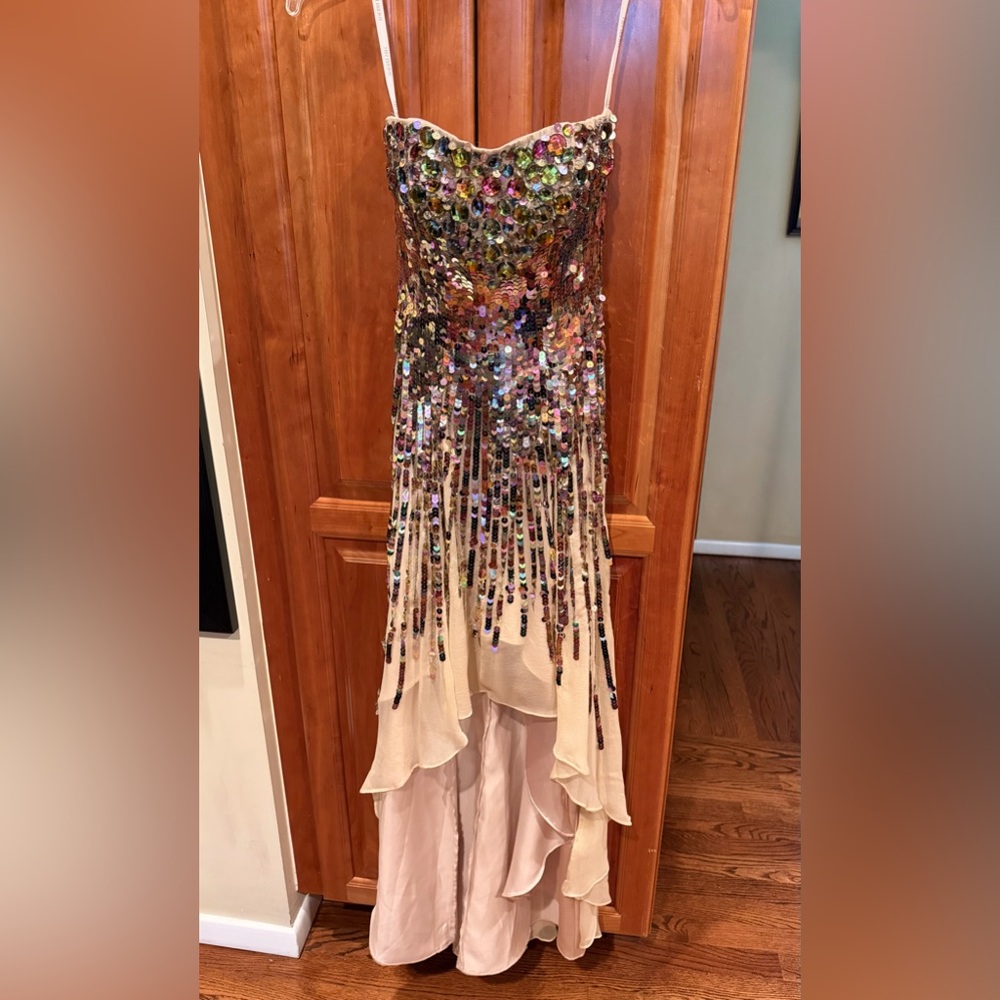 Sherri Hill Cream Sequin High Low Elegant Dress